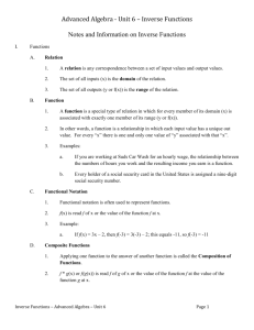 Advanced Algebra - Unit 6 – Inverse Functions