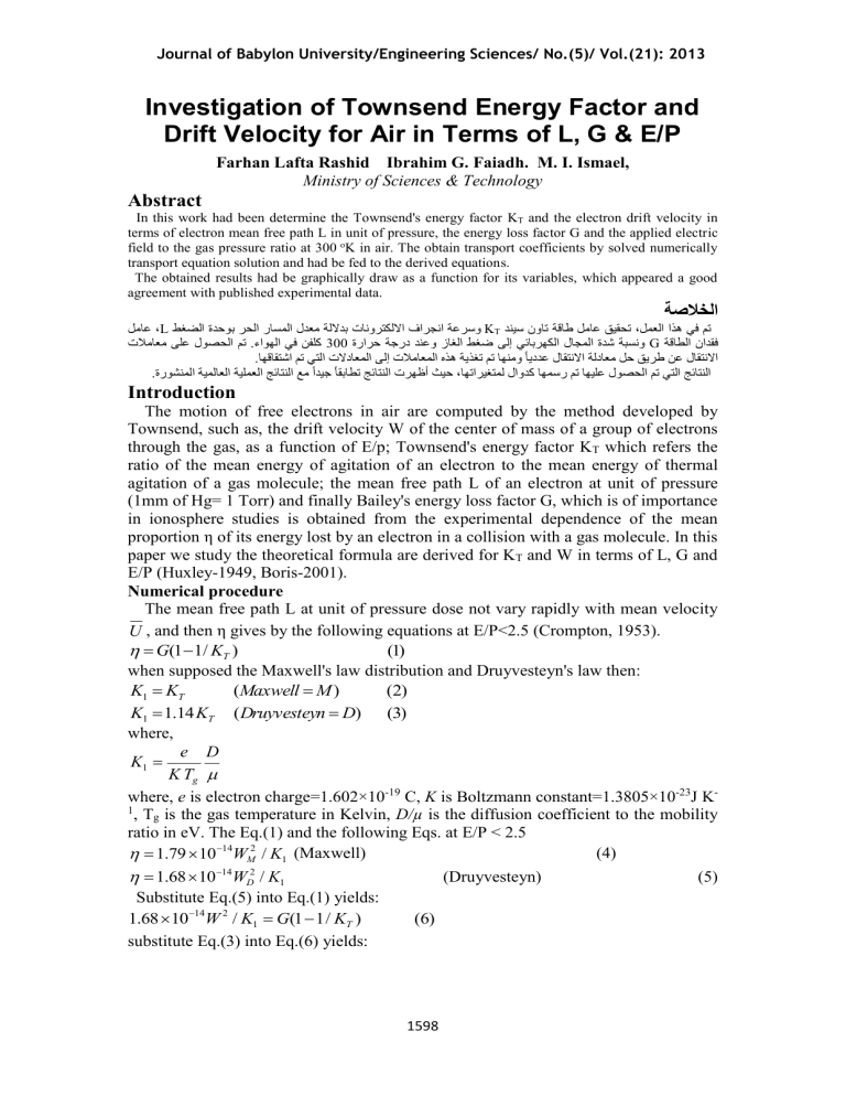 Investigation of Townsend Energy Factor and Drift Velocity for Air in