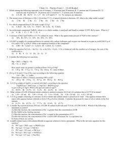 Chem 1A – Practice Exam 1 – CLAS/Kunkel 1. Which among the