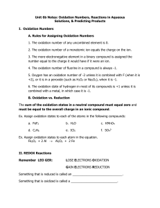 Unit 6b Notes: Oxidation Numbers, Reactions in Aqueous Solutions