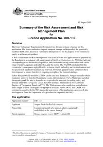Summary of Risk Assessment and Risk Management Plan