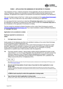 FORM 1 - APPLICATION FOR ADMISSION OF SECURITIES TO