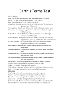 Earth`s Terms Test PLATE TECTONICS Crust – the thin and solid