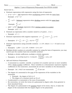 Algebra 1 Laws of Exponents/Polynomials Test Study Guide Page