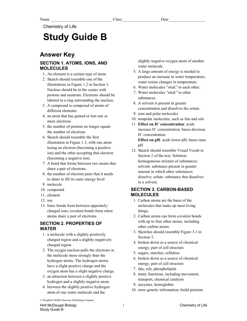 Chemistry Of Life Worksheet