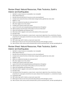 Review Sheet: Natural Resources, Plate Tectonics, Earth`s Interior