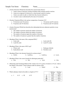 Sample Test Items Chemistry Exam Fall 2015