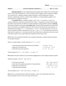 Worksheet - Quadratic Equations 2 (Reg)