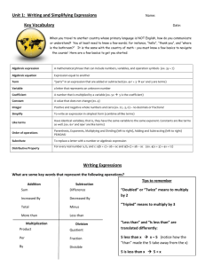 Math Vocabulary Sheet with Expressions Practice