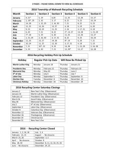 2016 Recycling/Solid Waste Schedules, Holiday Schedule and