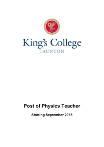 Post of Physics Teacher Starting September 2015