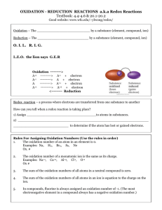 OXIDATION - REDUCTION REACTIONS aka Redox Reactions