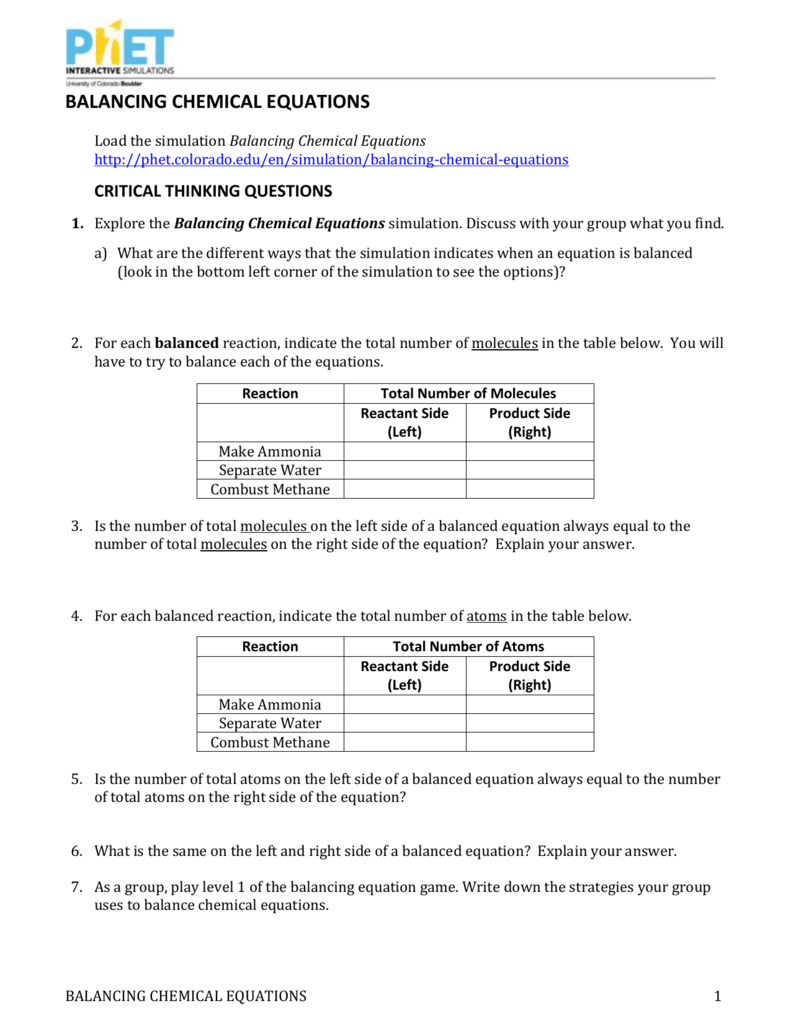 Balancing Equations Phet Worksheet Answers