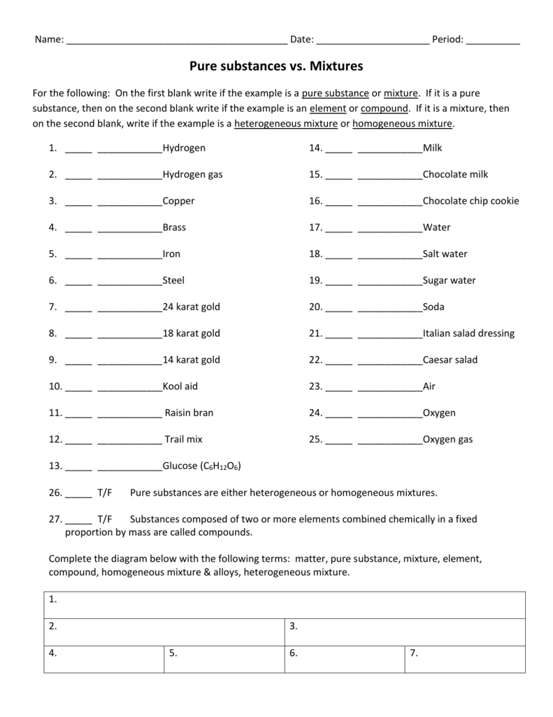 pure substances and mixtures worksheet answer key Inside Mixtures Worksheet Answer Key