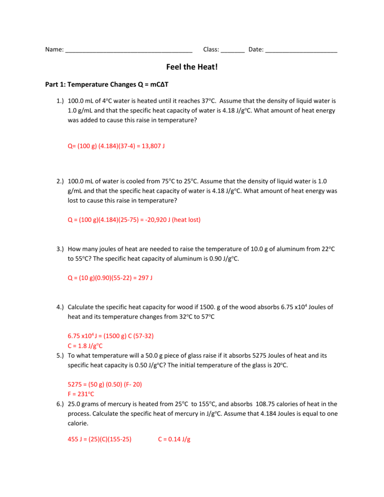 Specific Heat Worksheet Answer Key