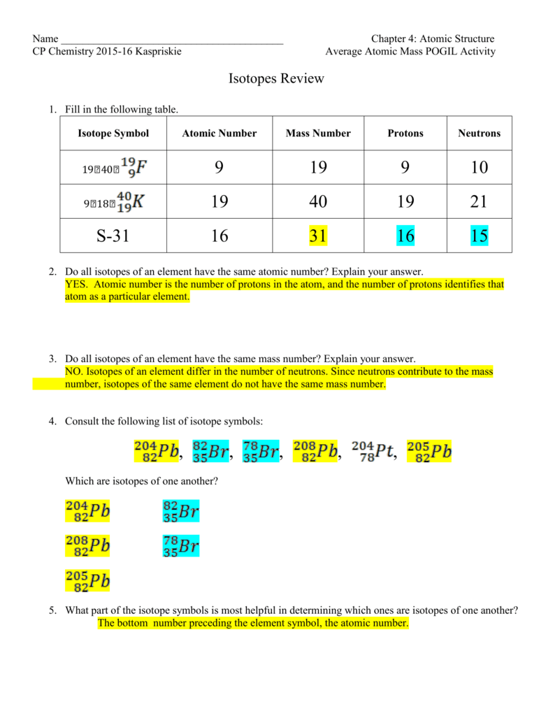 Average Atomic Mass Notes Key