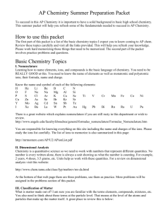 AP Chemistry Summer Preparation Packet