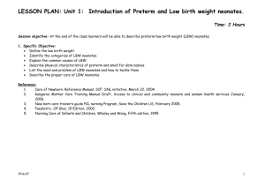 LESSON PLAN : Unit 1: Introduction of Preterm and Low birth weight