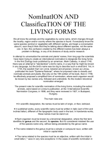 NomInatION AND ClassificaTION OF THE LIVING FORMS
