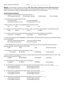 Review Questions for Genetics and Heredity Test