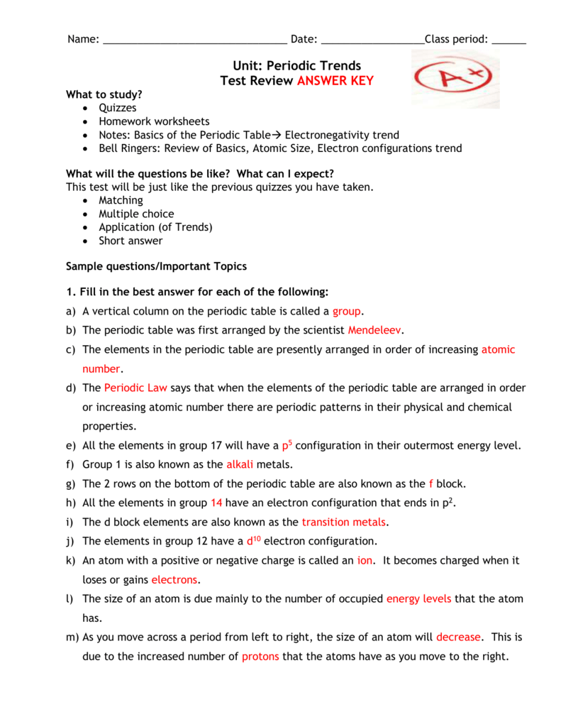 The Organization of the Periodic Table Answer Key Directions