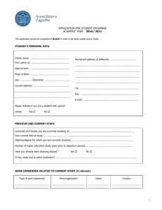 APPLICATION FOR STUDENT EXCHANGE ACADEMIC YEAR 20