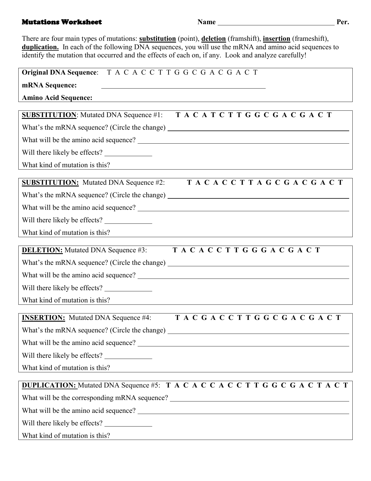 Dna Mutations Practice Worksheet