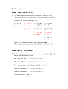 M 595 – Two Solutions From Congruence Exercises One of these