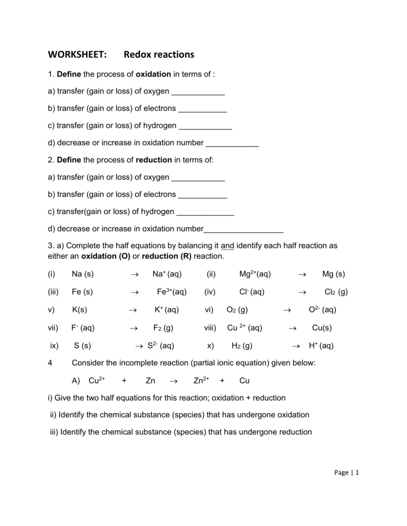 analyzing oxidation reduction reactions worksheet answers Intended For Oxidation Reduction Worksheet Answers