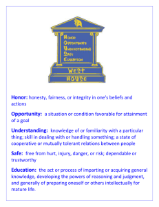 Honor: honesty, fairness, or integrity in one`s beliefs and actions