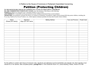 A Petition to the House of Commons in Parliament