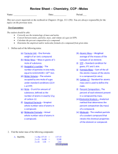 Review Sheet – Chemistry, CCP –Moles