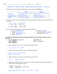 Chapters 15 & 16 Review Sheet: Acids, Bases & Titration