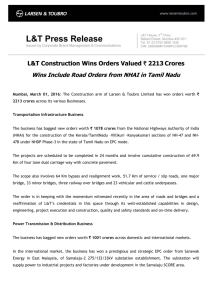 L&T Construction Wins Orders Valued ` 2213