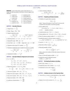 FORMULA CARD FOR WEISS`S ELEMENTARY STATISTICS