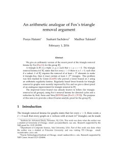 An arithmetic analogue of Fox`s triangle removal argument