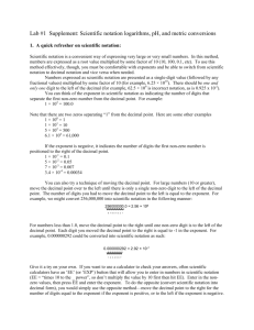 Lab #1 Supplement: Scientific notation logarithms, pH, and metric