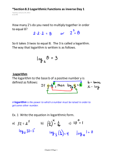 Logarithm The logarithm to the base b of a positive number y is