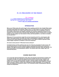 PL 115: PHILOSOPHY OF THE PERSON Dr. Lemmons E