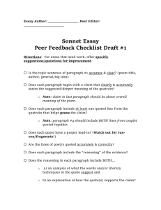 Sonnet Essay Peer Feedback Checklist Draft 1