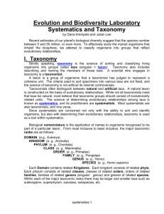 Evolution and Biodiversity Laboratory Systematics and Taxonomy