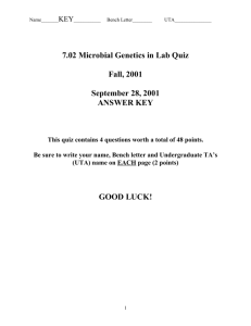 7.02 Microbial Genetics in Lab Quiz Fall, 2001 September 28, 2001