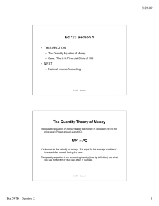 Ec 123 Section 1 The Quantity Theory of Money MV = PQ