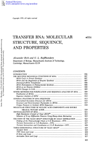 Transfer RNA: Molecular Structure, Sequence, and Properties