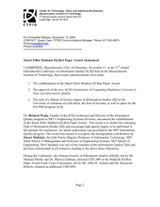 Stuart Elliot Madnick IQ Best Paper Award Announced CAMBRIDGE