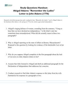 Study Questions Handout: Abigail Adams: "Remember the Ladies