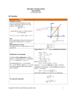 Harold's Calculus Notes Cheat Sheet AP Calculus Limits