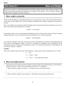 Skill Sheet 6.1 Mass and Weight