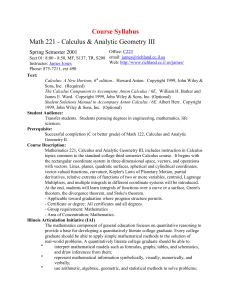 Course Syllabus Math 221 - Calculus & Analytic Geometry III