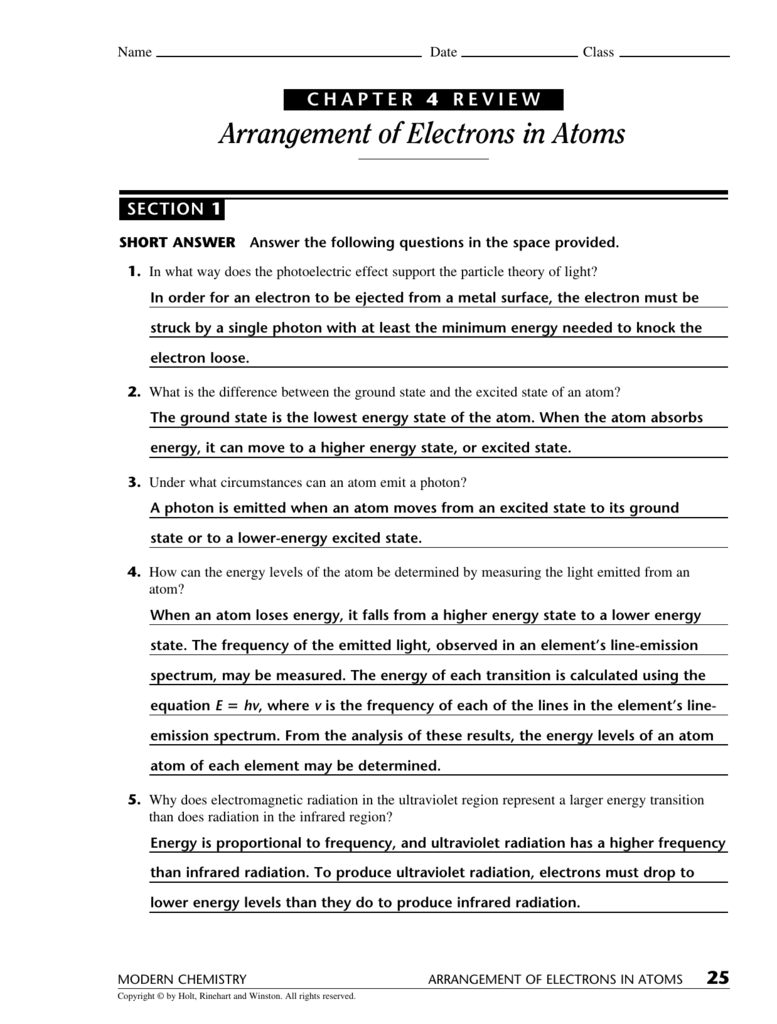 Electrons In Atoms Worksheet Answers Chapter 5